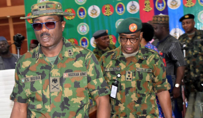 Maj.-Gen. Edward Buba, Director, Defence Media Operations, and Brigadier General Tukur Ismaila Gusau, Defence Spokesperson